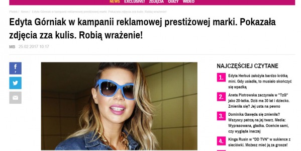 Artykuł w portalu Plotek.pl o nowej kampanii reklamowej z Edytą Górniak